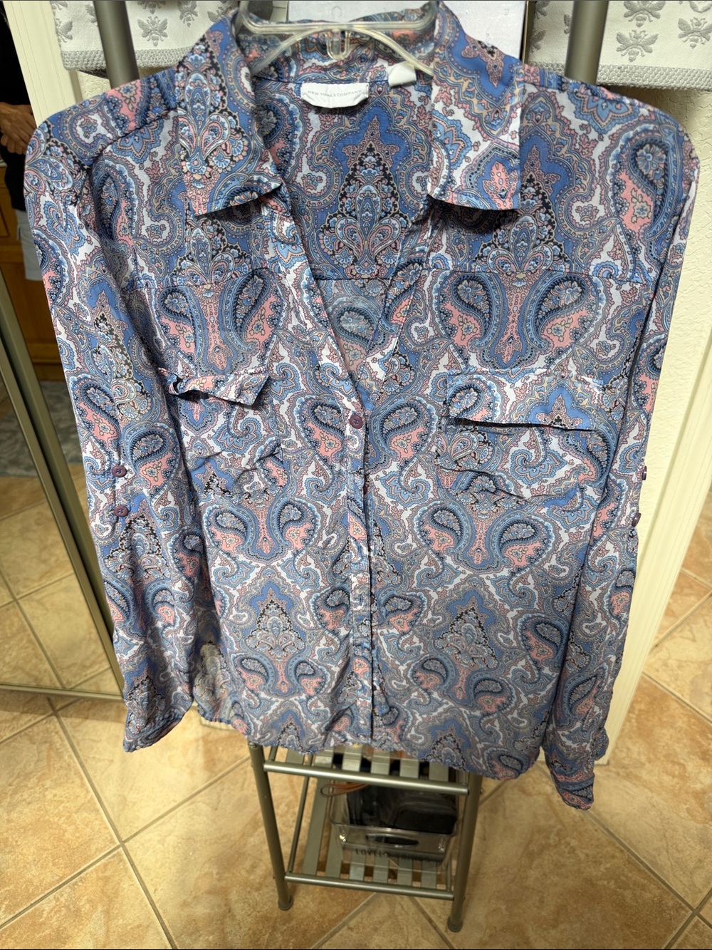 New York & Company Blue and Pink Paisley Button-Down Shirt